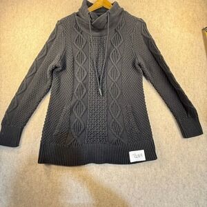 LL Bean Signature Womens Gray Cable Knit Sherpa Lined Cowl Neck Sweater M